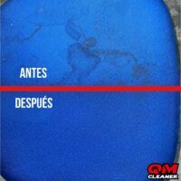 Antes y después de usar el limpiador textil sobre tela azul