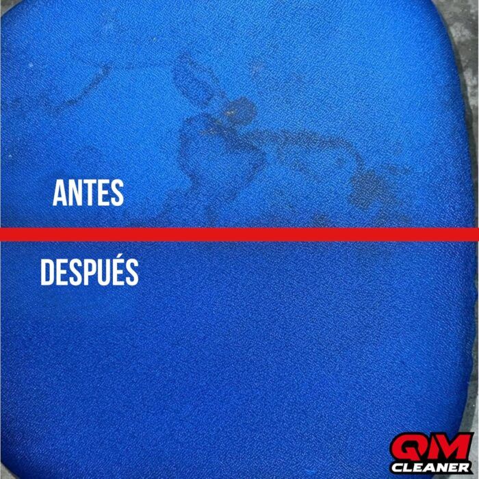 Antes y después de usar el limpiador textil sobre tela azul