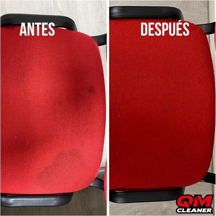 Antes y después de usar el limpiador textil sobre silla roja