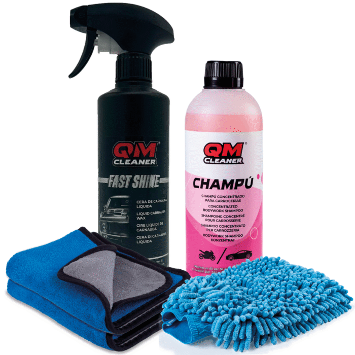 Kit para la limpieza y abrillantado de la carrocería del vehículo que incluye champú concentrado, cera de carnauba líquida, 2 paños y manopla