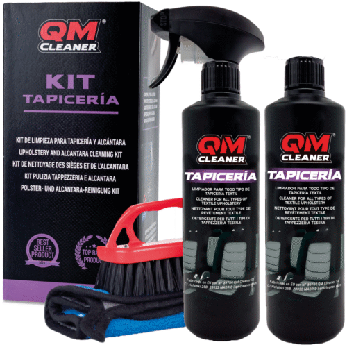 Kit para la limpieza de tapicerías que incluye 2 botes de limpiador, cepillo, paño de microfibra y caja