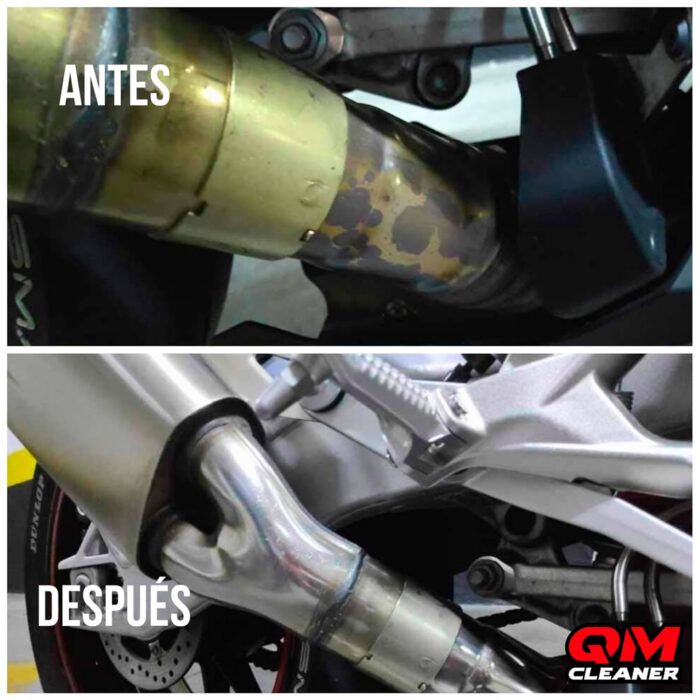 antes y después de usar el pulioxi sobre un escape de moto