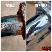 antes y después de usar el pulioxi sobre una superficie metálica con óxido