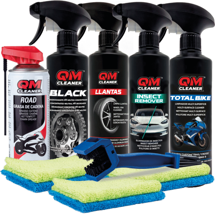 Kit limpiador para la moto con limpiador multisuperfie, eliminador de insectos, limpia llantas, desengrasante y grasa para la cadena, cepillo para la cadena y paños
