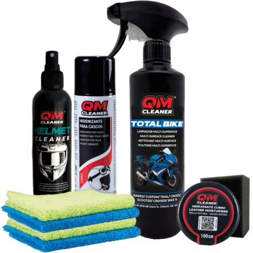 Kit de limpieza para interior y exterior del casco, crema hidratante para el cuero y limpiador multisuperficie para la moto