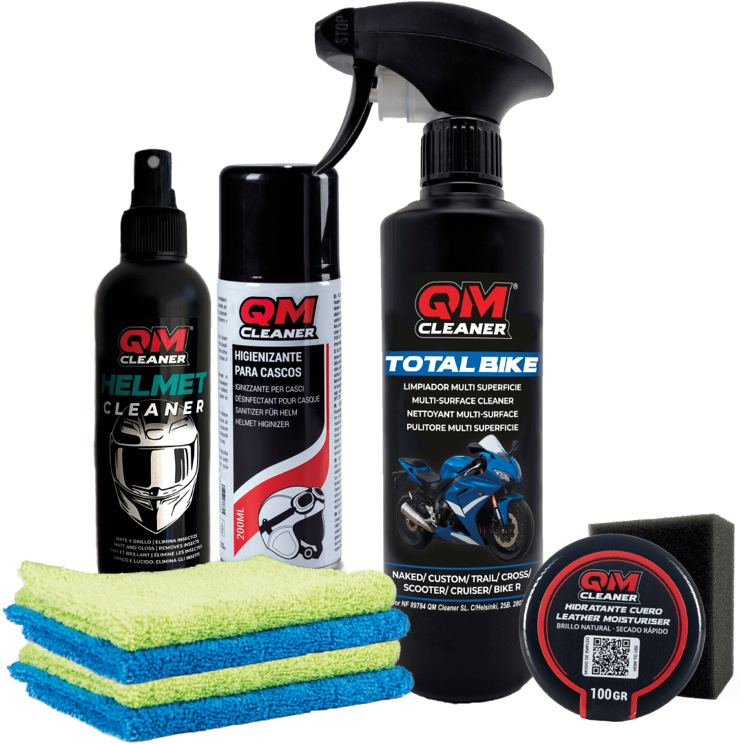Kit de limpieza para interior y exterior del casco, crema hidratante para el cuero y limpiador multisuperficie para la moto